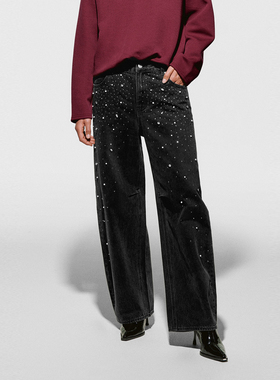 UR国内代购2025冬季女装休闲潮流时尚钻饰弯刀牛仔长裤UWJ850110