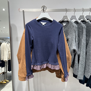 UR国内代购2026春季女装休闲简约假两件格纹修身长袖T恤UYY460012