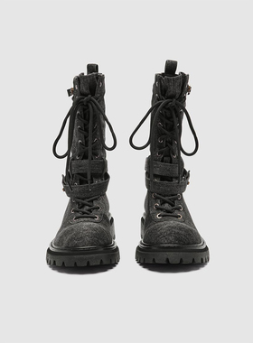 UR国内代购2025秋季女士时髦经典复古洗水绑带牛仔靴UAYS50105