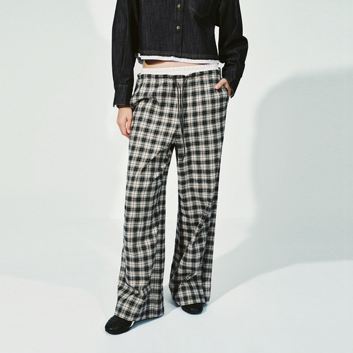 UR国内代购2025冬季女装时尚百搭休闲拼接格纹阔腿裤UYL650112