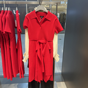 UR国内代购2025秋季女装气质红色绑带中长款针织连衣裙UWG950213