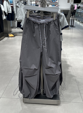 UR国内代购2025秋季女装休闲格纹拼接褶皱抽绳阔腿裤UYL650076