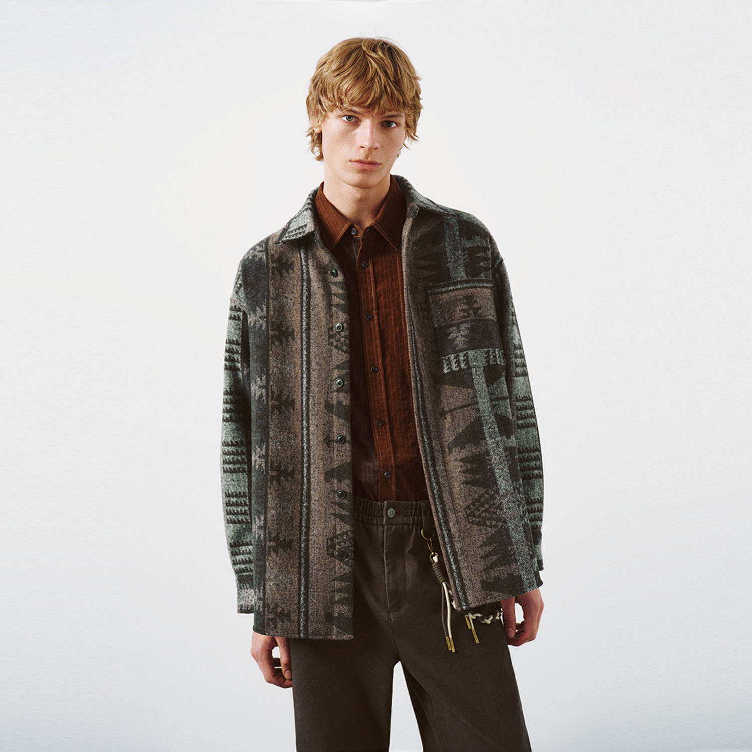 UR国内代购2025冬季男装复古休闲风图案长袖开襟衬衫UML250109