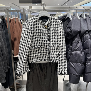 UR国内代购2025冬季女装魅力复古小香千鸟格毛边外套UWG150183