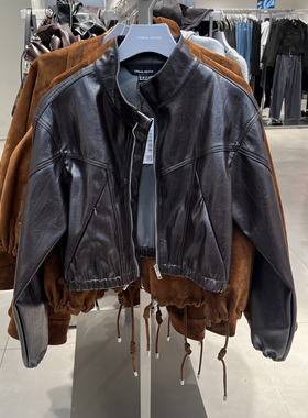 UR国内代购2025冬季女装休闲褶皱PU立领松紧下摆外套UWH160005