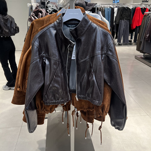 UR国内代购2025冬季女装休闲褶皱PU立领松紧下摆外套UWH160005