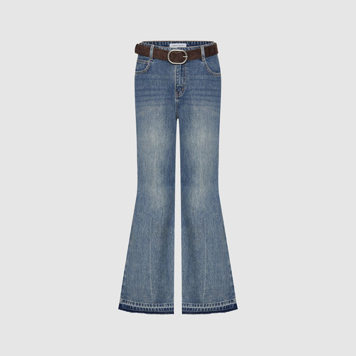 UR国内代购2025冬季女装休闲水洗毛边腰带喇叭牛仔长裤UYL860004