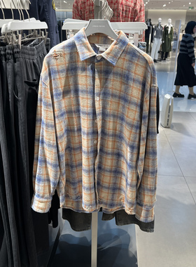 UR国内代购2025春季男潮流超宽松撞色格纹长袖开襟衬衫UMV250010