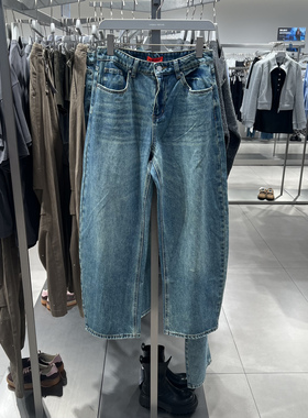 UR国内代购2025秋季女装复古风水洗猫须弯刀牛仔长裤UYV850171