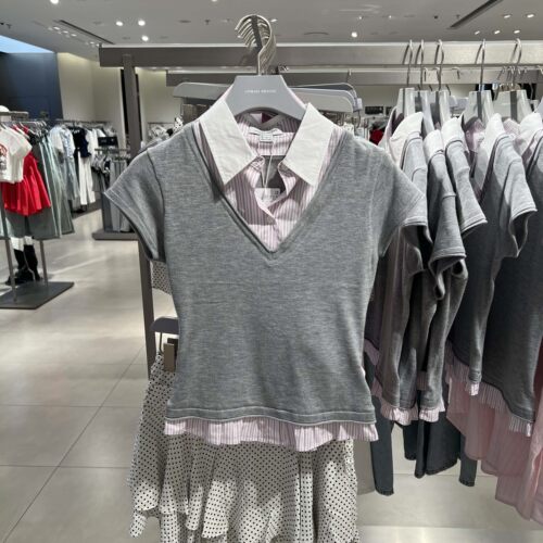 UR国内代购2026夏季女装都市假两件条纹卷边针织短袖T恤UYU960055