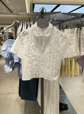 UR国内代购2025夏季女欧若风气质装饰压褶短袖开襟衬衫UYU250064