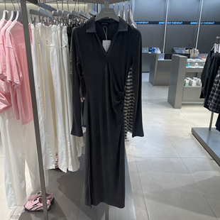 UR国内代购2025秋季女装休闲格雷系褶皱修身长袖连衣裙UWJ750109