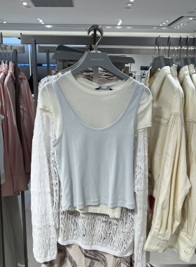 UR国内代购2025秋季女装简约休闲真两件圆领修身T恤UWU450010