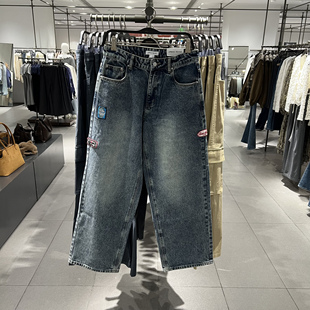 UR国内代购2026春季男装潮流水洗撞色刺绣阔腿牛仔长裤UUV860024