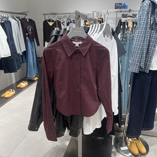 UR国内代购2025秋季女装休闲撞色格纹棉质短款开襟衬衫UYL250165