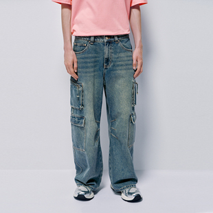 UR国内代购2025冬季男装潮流水洗工装多口袋牛仔长裤UUV850055