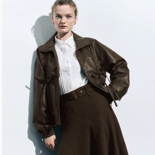 UR国内代购2025秋季女装复古甜酷蝴蝶结褶皱皮衣外套UYL150035