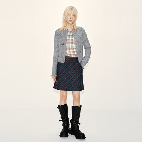 UR国内代购2025冬季女装休闲复古学院撞色格纹抽绳半裙UYL550129