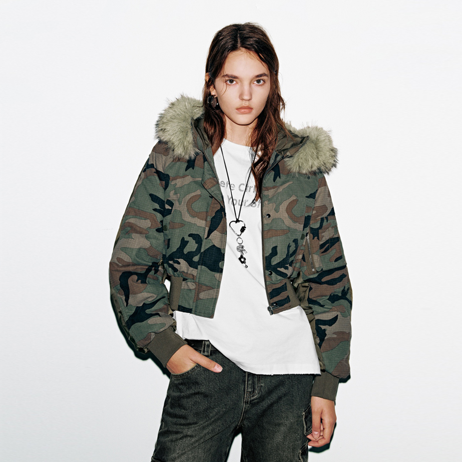 UR国内代购2025冬季女装休闲拼接毛领迷彩图案棉服外套UYV150072