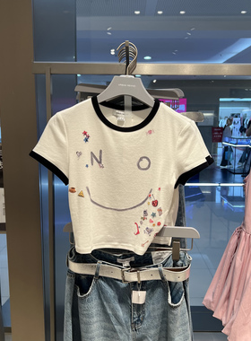 UR国内代购2025夏季女装潮流日常趣味印花撞色修身T恤UYV450174