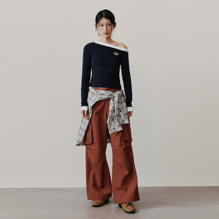 UR国内代购2026春季女装气质潮流斜肩假两件刺绣修身T恤UYV460032