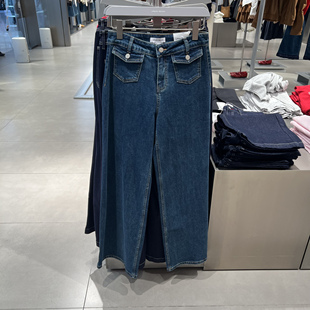 UR国内代购2025冬季女装百搭都市翻盖口袋阔腿牛仔长裤UYU860011