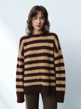 UR国内代购2025冬季女装时尚琥珀流光风撞色条纹针织衫UWM950064