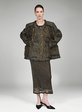 UR国内代购2025冬季女装休闲金丝毛边粗花呢含羊毛外套UWH160012