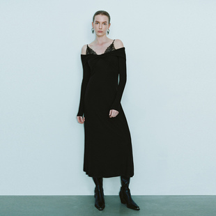 UR国内代购2026春季女装一字领吊带扭结饰A型长款连衣裙UWG760021