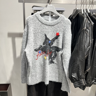 UR国内代购2025冬季女装潮流撞色飞马字母提花针织衫UYV960003