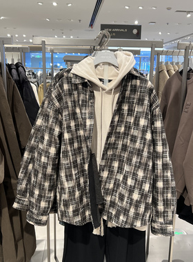 UR国内代购2025冬季男装休闲时尚翻领撞色格纹开襟衬衫UML250103