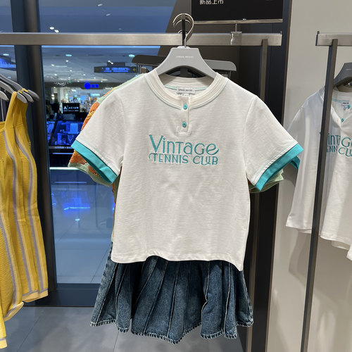 UR国内代购2025夏季女装时尚撞色拼接字母刺绣短袖T恤UIU450016