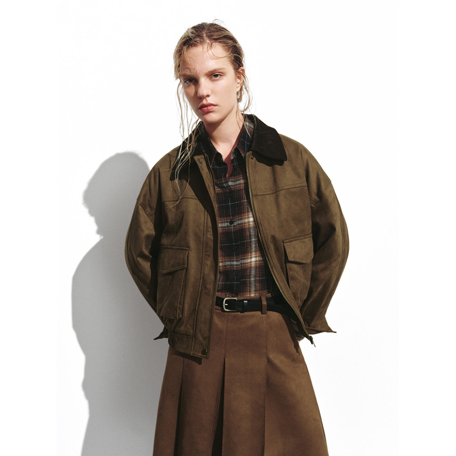 UR国内代购2025冬季女装休闲流光风拼接翻领双口袋棉服UYL150069