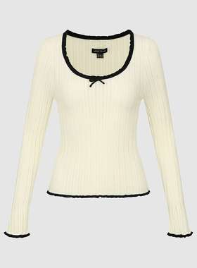 UR国内代购2025秋季女装撞色木耳边蝴蝶结长袖针织衫UWM950134