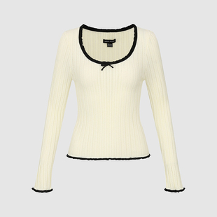 UR国内代购2025秋季女装撞色木耳边蝴蝶结长袖针织衫UWM950134