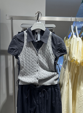 UR国内代购2026春季女装都市撞色拼接绞花格纹针织衫UYU960052