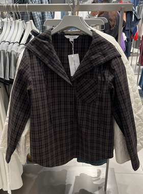 UR国内代购2025秋季女装休闲撞色格纹连帽抽绳开襟衬衫UYY250098