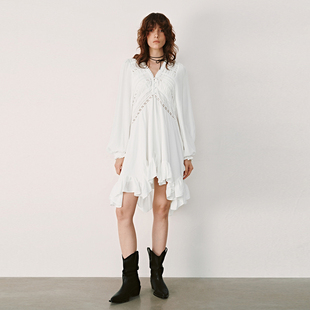 UR国内代购2026春季女装休闲V领蕾丝刺绣荷叶边连衣裙UYL760013