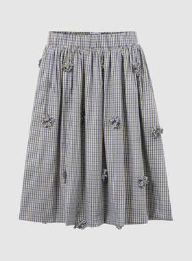 UR国内代购2025秋季女休闲立体花朵撞色格纹松紧腰半裙UYL550106