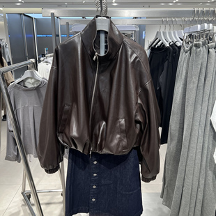 UR国内代购2025冬季女装流光风皮质立领短款超宽松外套UWU150018