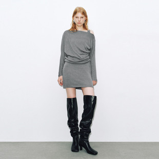 UR国内代购2026春季新款女装简约露肩斜肩领褶皱连衣裙UWJ750092