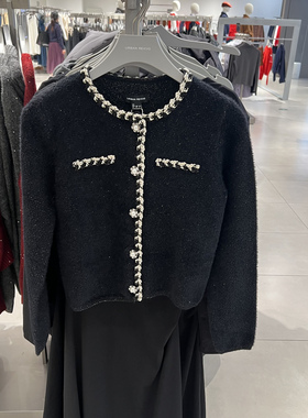 UR国内代购2025冬季女魅力小香撞色边亮丝短款针织开衫UWG960011