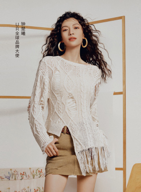 UR国内代购2024秋季女士钟楚曦联名休闲时髦破洞针织衫UYL950192