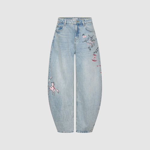 UR国内代购2025冬季女装潮流涂鸦印花刺绣弯刀牛仔长裤UYV860009