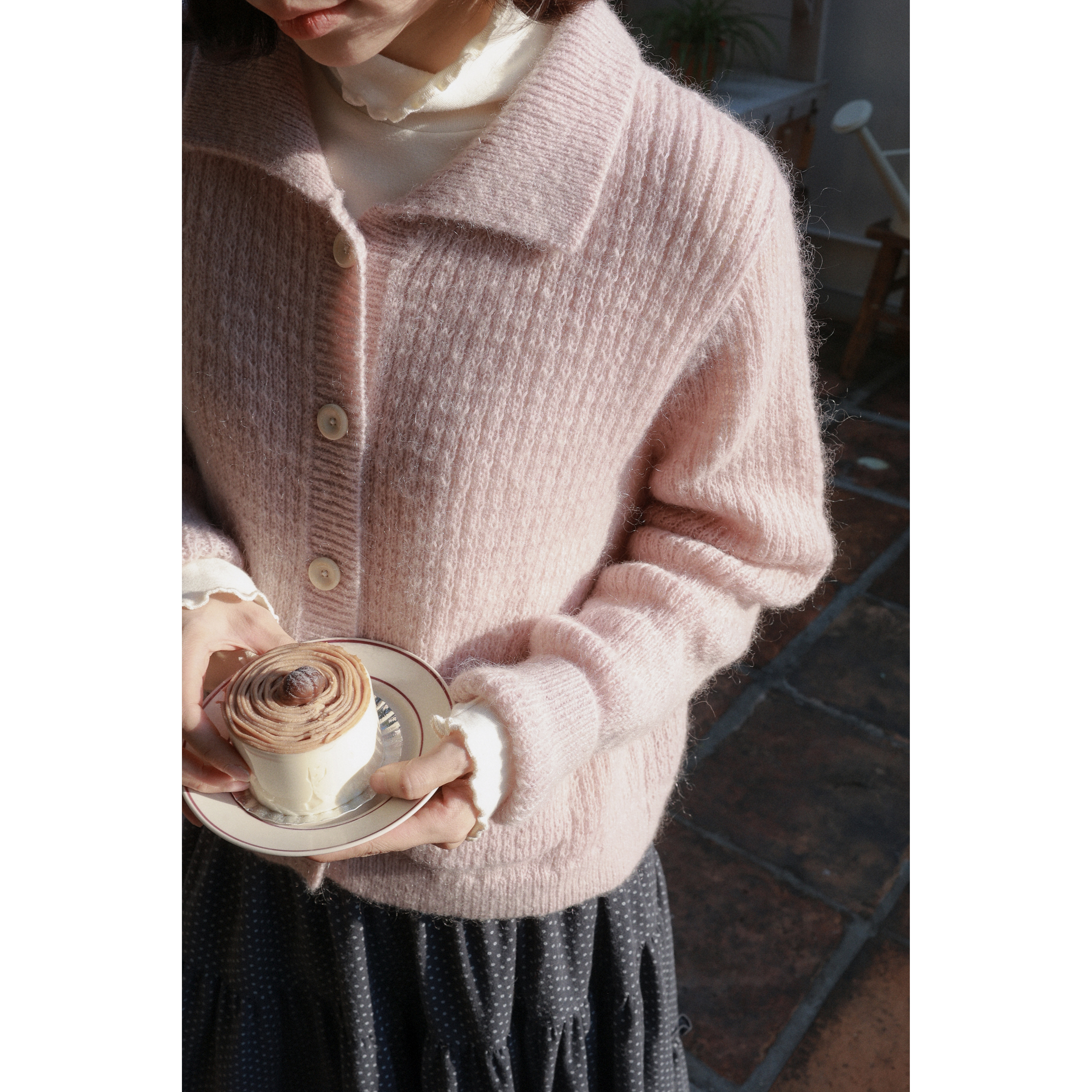 秋屿moment 自制 秋季保暖翻领针织毛衣开衫