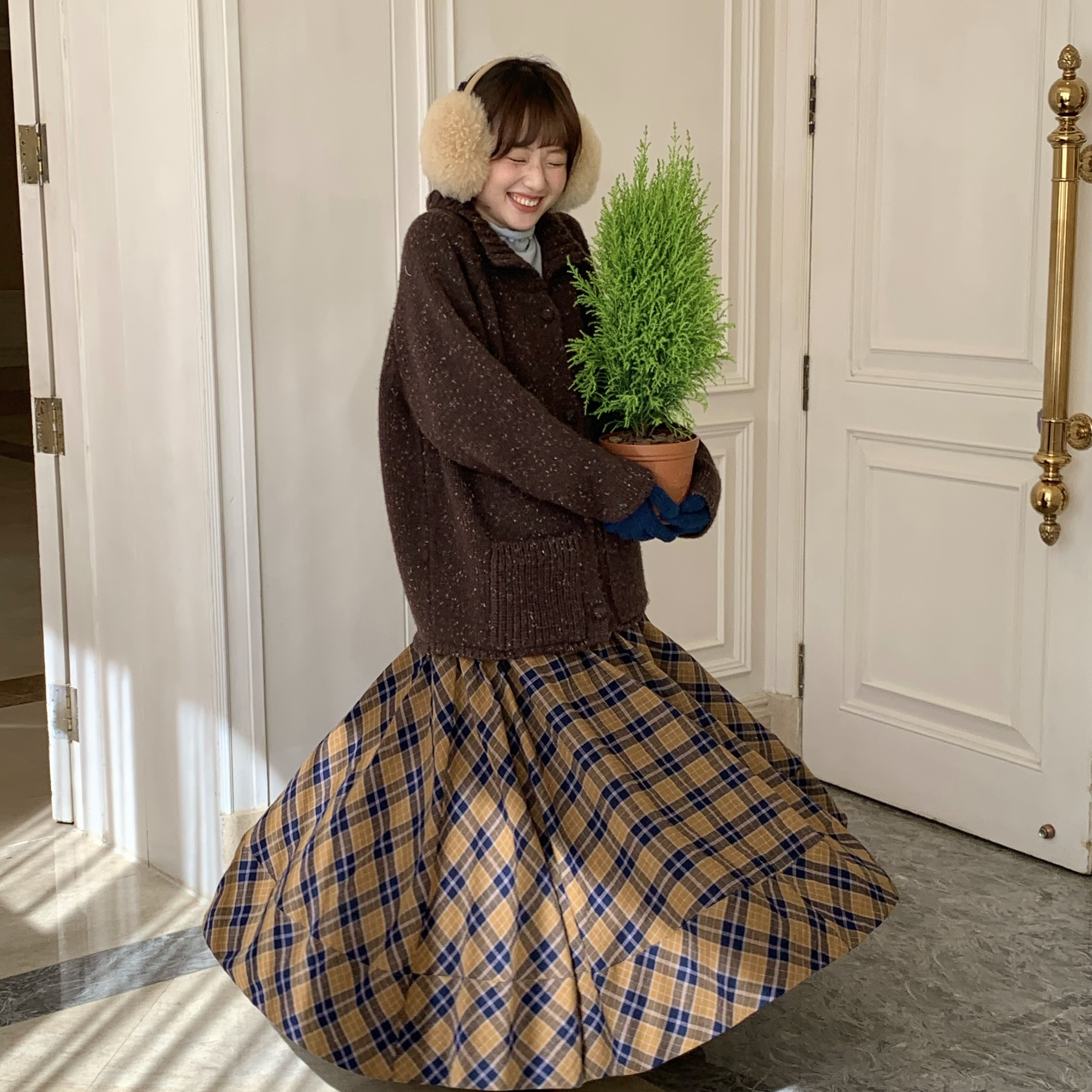 秋屿moment 自制 复古百搭休闲格子松紧腰半身裙