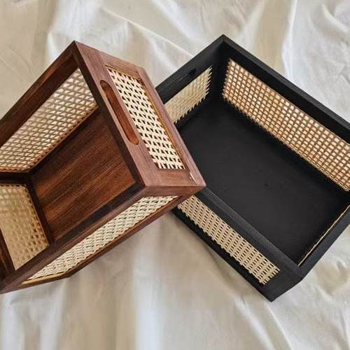 藤编实木桌面收纳篮零食杂物化妆品收纳筐小红书diy整理收纳盒子