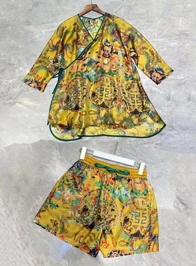 龙纹印花斜襟衬衫短裤两件套装