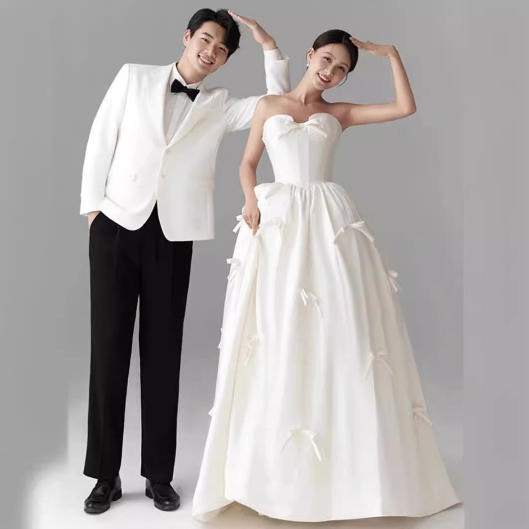 法式抹胸轻婚纱2025新款新娘齐地缎面森系出门纱超仙蝴蝶结礼服