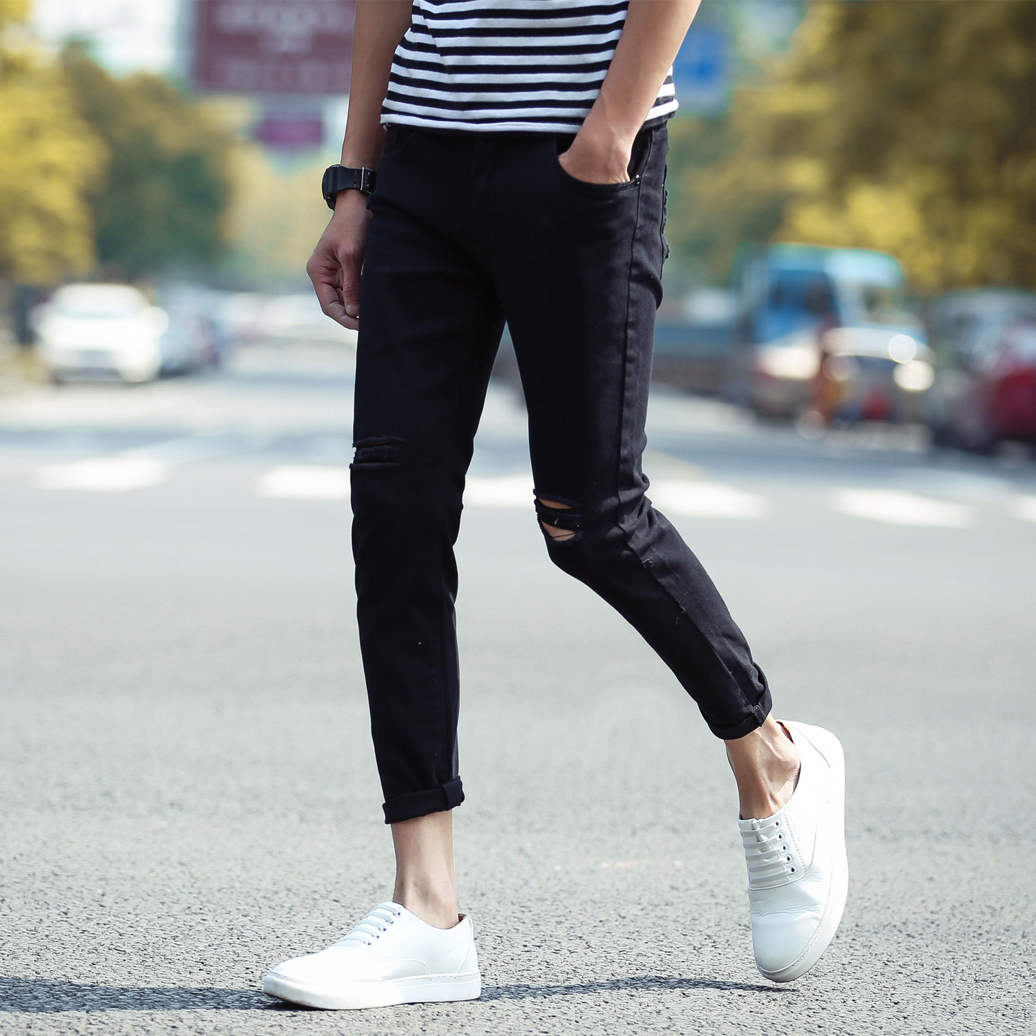 街拍秋季新款街拍男牛仔九分裤破洞裤子黑K188-P30，男装牛仔裤，星座103A